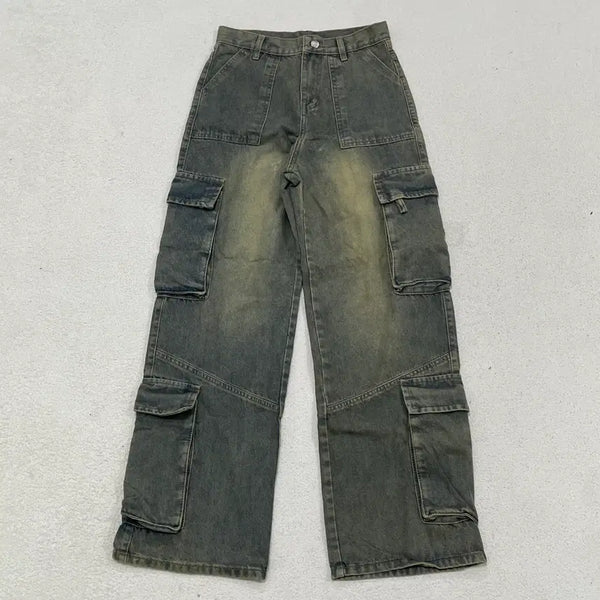 [BUNJANG] S Multi-Pocket Carpenter Wide Cargo Washed Denim Pants / S 멀티 포켓 카펜더 와이드 카고 워싱 데님 바지 0415-2