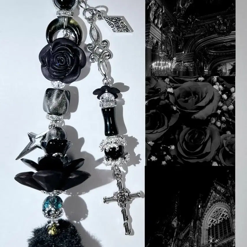 [BUNJANG] Black Rose Cross Bead Keychain Bookmark Bag Charm Gothic / 검정 장미 십자가 비즈 키링 책갈피 가방 고리 고딕