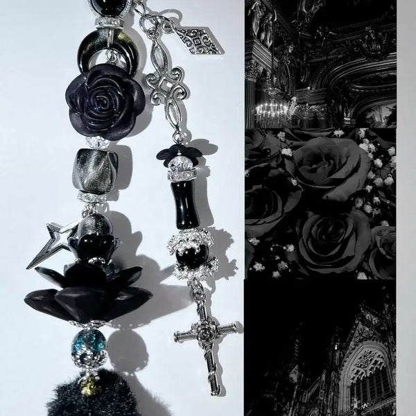 [BUNJANG] Black Rose Cross Bead Keychain Bookmark Bag Charm Gothic / 검정 장미 십자가 비즈 키링 책갈피 가방 고리 고딕