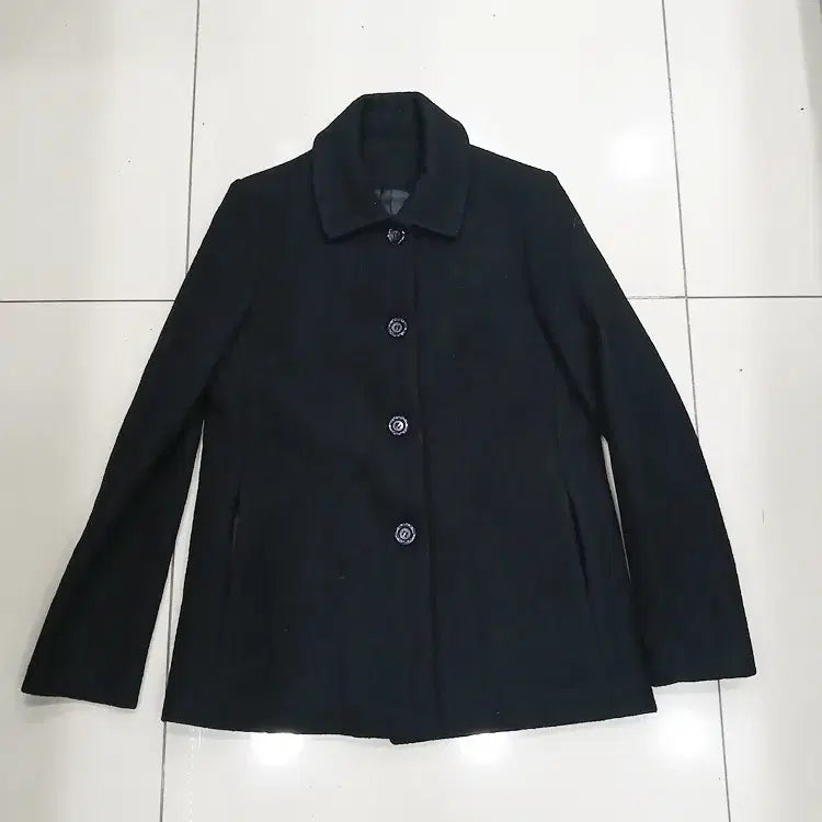 [BUNJANG] Women's Black Simple Wool Jacket / 여성 검정색 심플 모직자켓 중고 카라장식분실 가슴49총71어깨36팔60