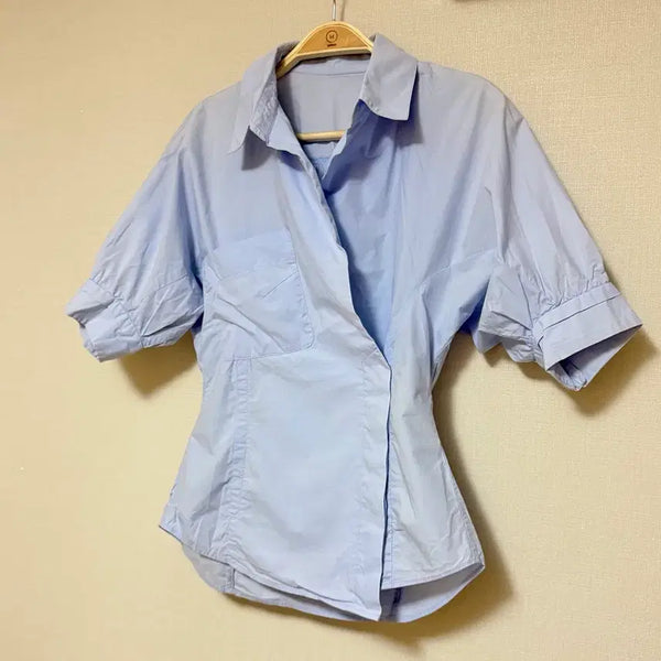 [BUNJANG] Puff Sleeve Wrap Shirt Blouse - Light Blue / 오브제 퍼프소매 반팔 랩 셔츠 블라우스 하늘색 바스락 핀턱 가오리자개단추