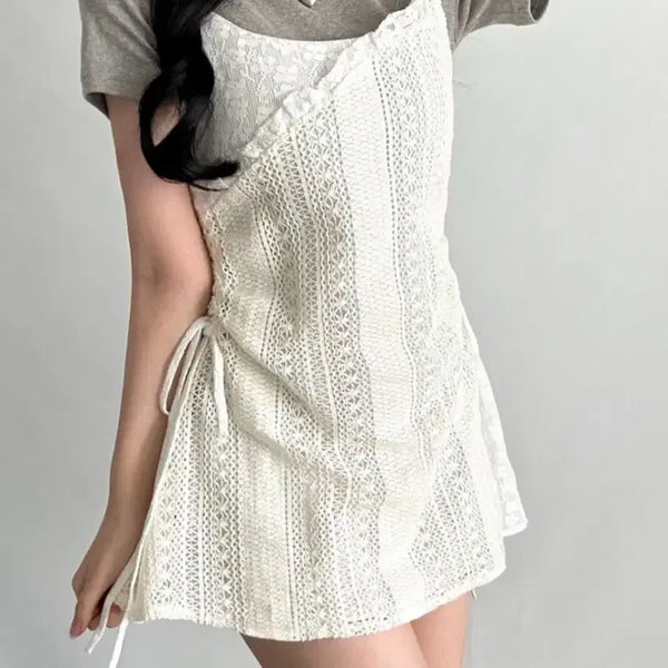 [BUNJANG] Punch Lace Ribbon Layered Wrap Tank Top / (새제품)펀칭 레이스 리본 레이어드 랩나시