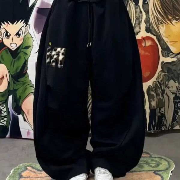 [BUNJANG] Wide Fit Black Training Pants with Patch Detail / 와이드 트레이닝 바지 검정색 패치