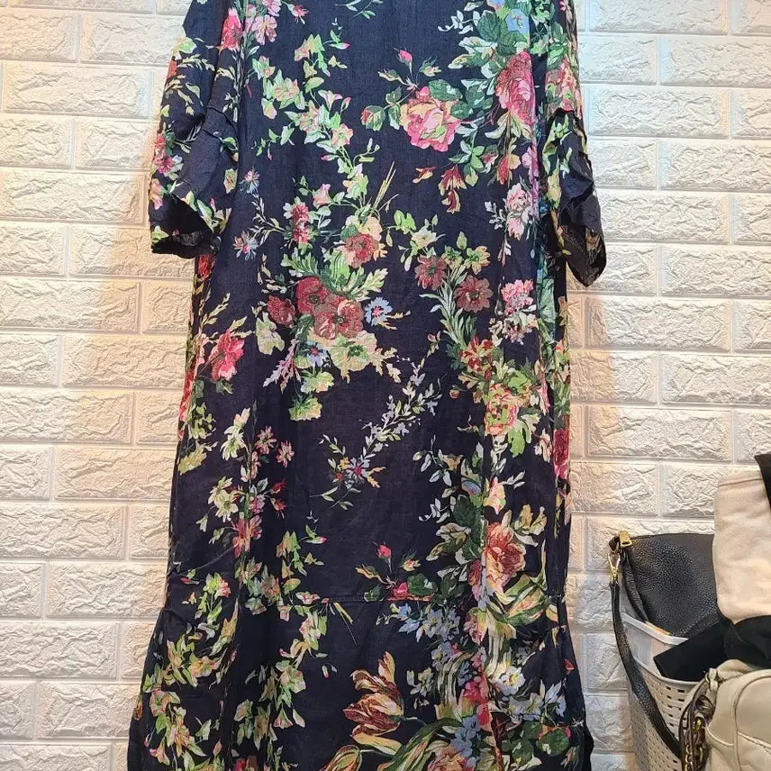 [BUNJANG] Linen Blend Flower Long Dress - Size L (Unworn) / 마 롱원피스 L (미착용)