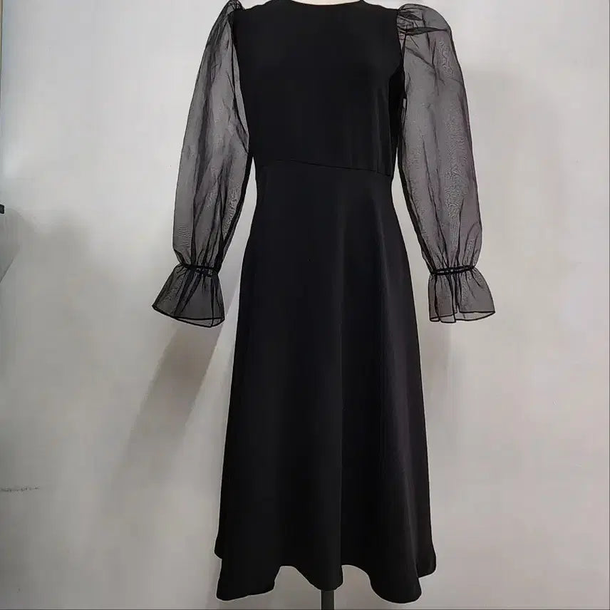 [BUNJANG] VIA Black See-through Puff Sleeve Midi Dress Size 55 / VIA 블랙 시스루 퍼프 소매 미디 원피스 55