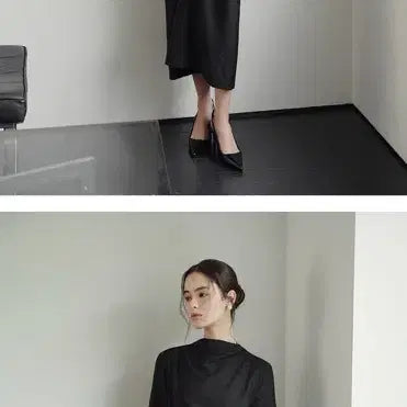 [BUNJANG] Tifof Mock Neck Drape Twist Wrap Long Dress - Black / tifof 미니스 모크넥 드레이프 꼬임 랩 원피스_BLACK