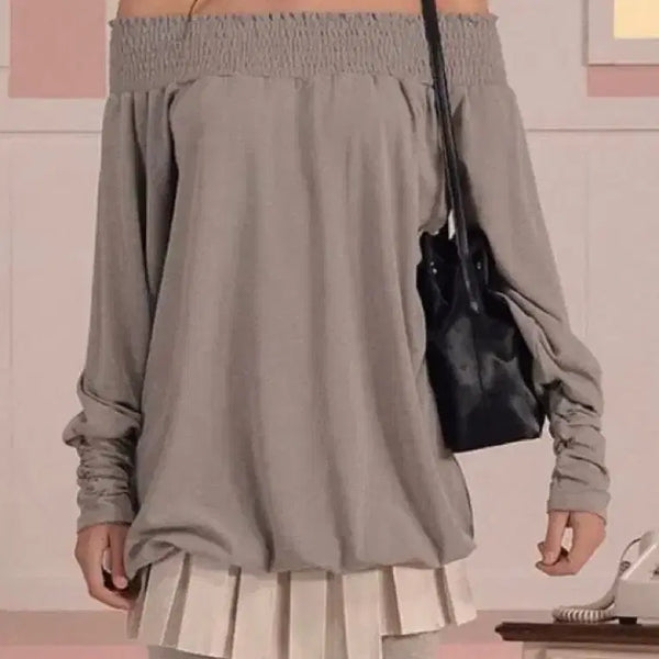 [BUNJANG] Three Times Bell Shirring Off-Shoulder Long-Sleeve Top Gray / 오프숄더 긴팔 티셔츠 회색 쓰리타임즈 벨 셔링 탑