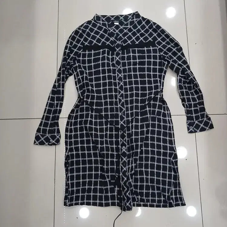 [BUNJANG] Adonis 77 Checked Long Shirt with Detachable Waist Tie / adoniser 77 체크 롱남방 허리끈탈부착 중고 가슴50총88어깨37