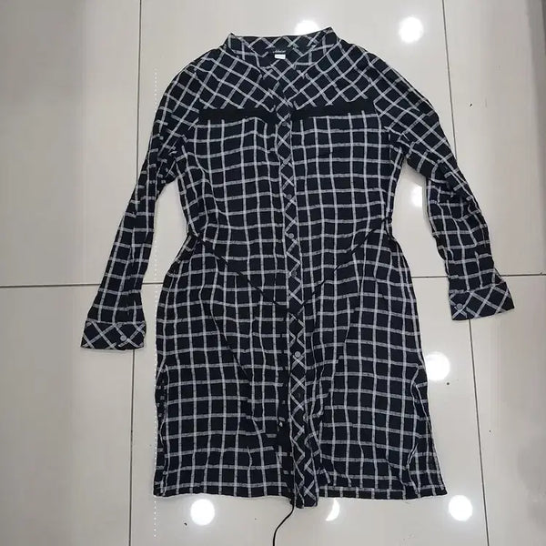 [BUNJANG] Adonis 77 Checked Long Shirt with Detachable Waist Tie / adoniser 77 체크 롱남방 허리끈탈부착 중고 가슴50총88어깨37