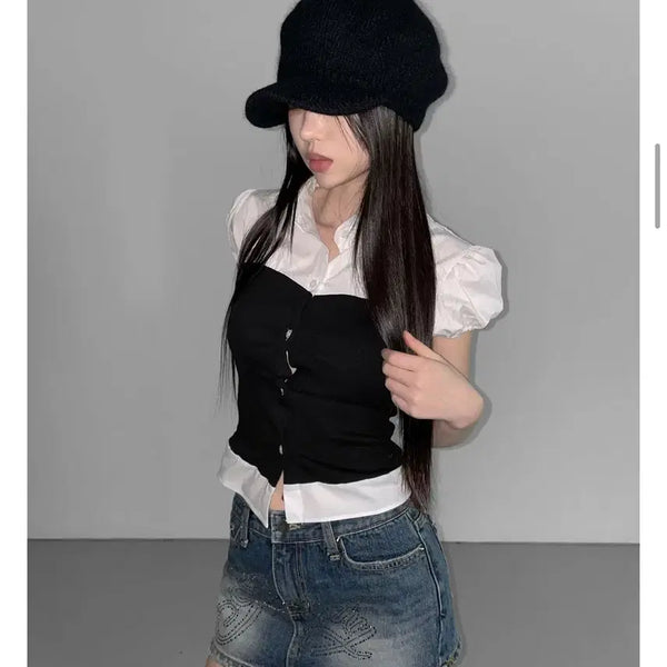 [BUNJANG] The Air Town myaco bl Layered Short Sleeve Blouse / 디에어타운 myaco bl 레이어드 반팔 블라우스