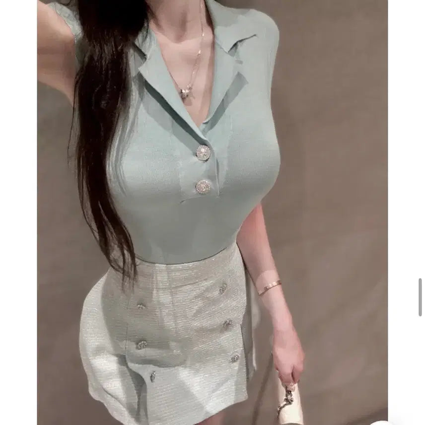 [BUNJANG] Crystal Collar Knit - Imported New Arrival / 큐빅 카라 니트 수입의류 / 새상품