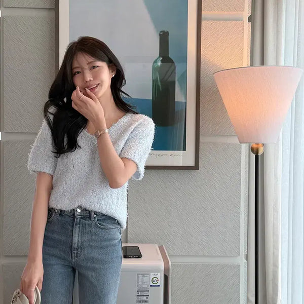 [BUNJANG] Hawa 26ss Momo Plum Knit V-Neck Short Sleeve Knit Wing Yarn Top / 하와 26ss 모모 플룸 니트 브이넥 반팔부클니트 날개사탑 데이트룩하객룩