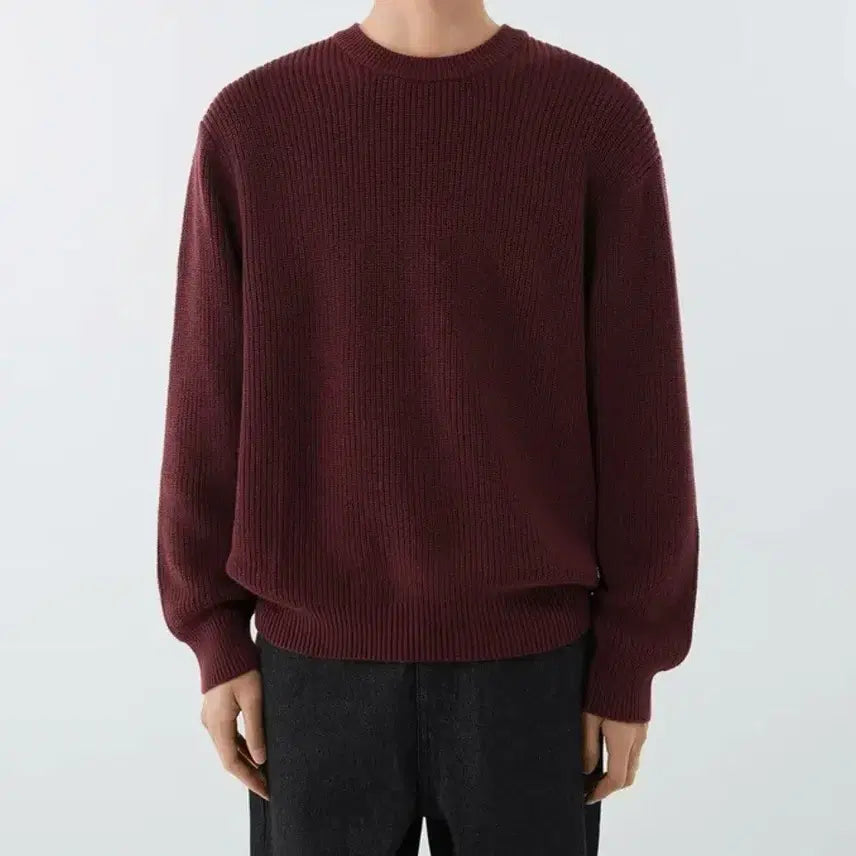 [BUNJANG] Musinsa Standard Cotton Ribbed Crew Neck Knit Burgundy / 무신사 스탠다드 코튼 리브드 크루 넥 니트 [버건디]