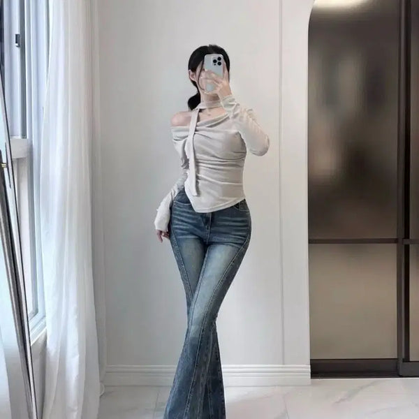 [BUNJANG] J&Anne Ably Hip Pad Bootcut Jeans (Medium Blue, Size S) / 새상품)제이앤느 에이블리 골반패드 절개 워싱 부츠컷 청바지 중청색상 S