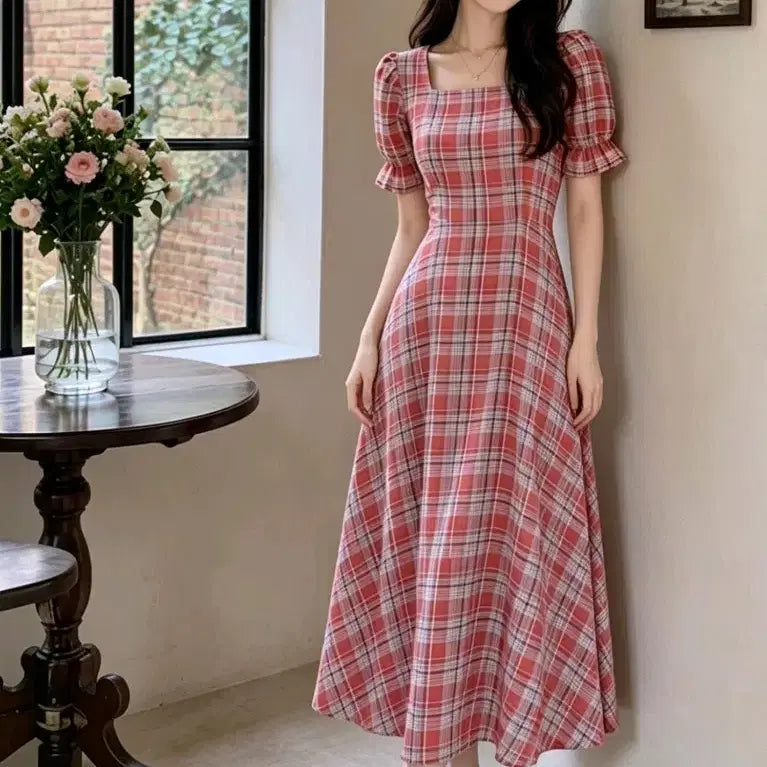 [BUNJANG] Square Neck Flare A-Line Summer Short Sleeve Check Long Dress / (마지막1장)스퀘어넥 플레어 A라인 여름 반팔 체크 롱원피스ㅡ무배
