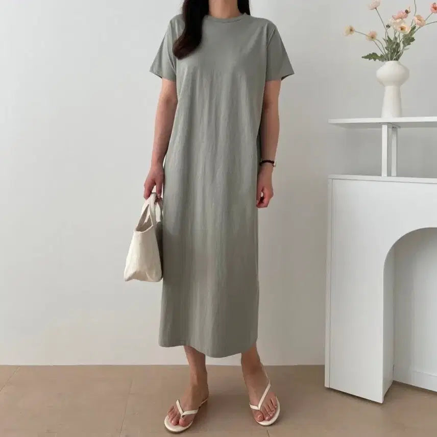 [BUNJANG] Short Sleeve Open Back Long Dress / # 반팔 뒷 트임 롱원피스