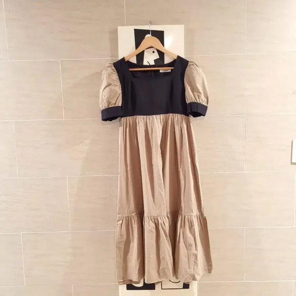 [BUNJANG] Colorblock Puff Sleeve Long Dress / 배색 퍼프 롱 원피스
