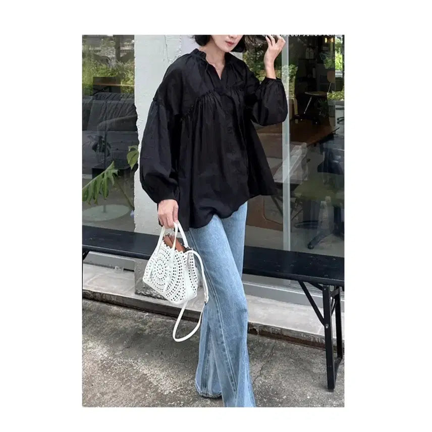 [BUNJANG] Jjunguri Market Frill Blouse - Black / 쩡구리마켓 프릴 블라우스 - 블랙