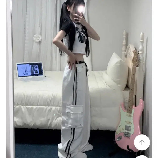 [BUNJANG] Y2K Cotton Wide Pants / 사이드 라인 밴딩 코튼 와이드 팬츠 화이트 y2k