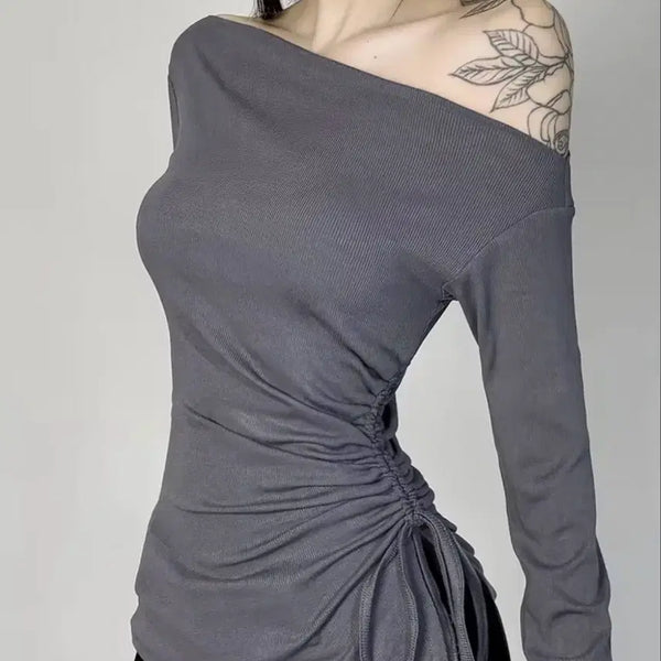[BUNJANG] Ablly Temu Gray Off-Shoulder Shirring Long-Sleeve T-Shirt / 에이블리 테무 회색 오프숄더 셔링 긴팔 티셔츠