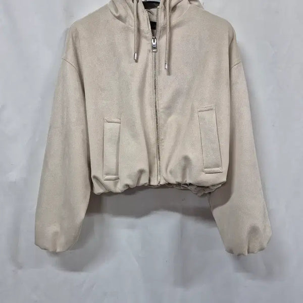[BUNJANG] Zara Suede Cropped Hooded Zip-Up Jacket Ivory L / 자라 스웨이드 크롭 후드 집업 아이보리 L