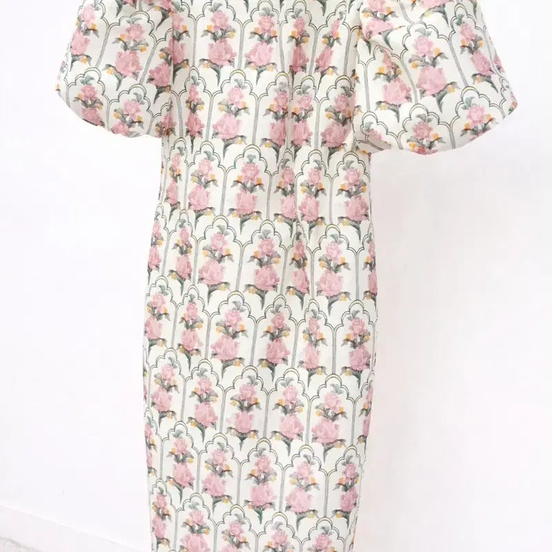 [BUNJANG] Pink Floral Puff Sleeve Long Dress / (미착용 새상품)플라워 패턴 핑크 퍼프 롱 원피스