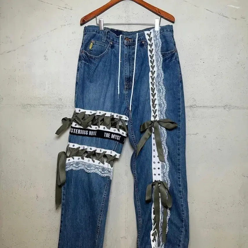 [BUNJANG] Mysterious Hotel Lace Custom Denim Pants / (새상품)미스테리어스호텔 레이스 커스텀 웨딩 데님팬츠