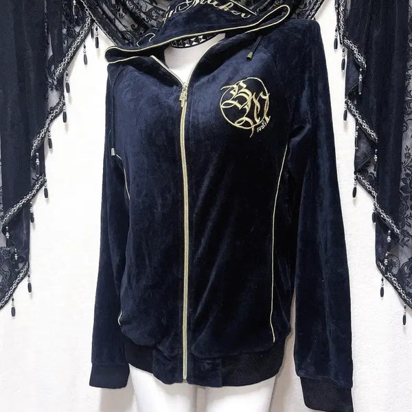 [BUNJANG] Velvet Hooded Zip-Up Jersey - Goth Punk Y2K Style / 벨벳 후드집업 저지 고스 펑크 y2k 와투케 오네갸루 글리터 그런지 핀터