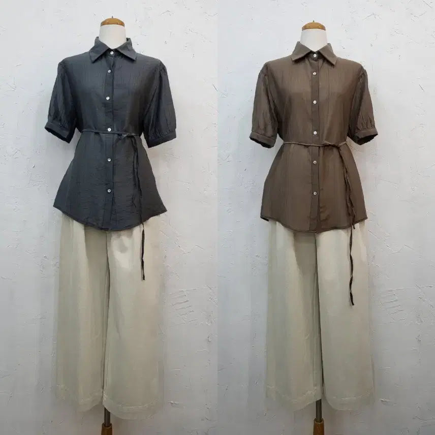 [BUNJANG] Short Sleeve Shirt Blouse with Strap Set / 반팔 셔츠 블라우스 + 끈 세트 F