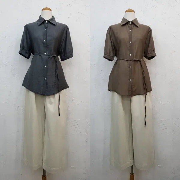 [BUNJANG] Short Sleeve Shirt Blouse with Strap Set / 반팔 셔츠 블라우스 + 끈 세트 F