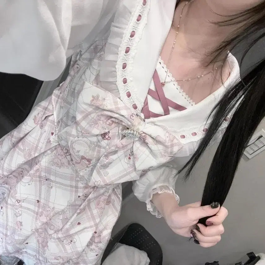 [BUNJANG] Sakura Pink Jireikei/Ryousangata Lace Setup Set / [무료배송/set] 사쿠라 핑크 일본 지뢰계 양산형 레이스 셋업 세트