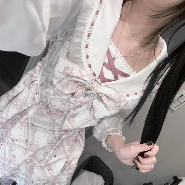 [BUNJANG] Sakura Pink Jireikei/Ryousangata Lace Setup Set / [무료배송/set] 사쿠라 핑크 일본 지뢰계 양산형 레이스 셋업 세트