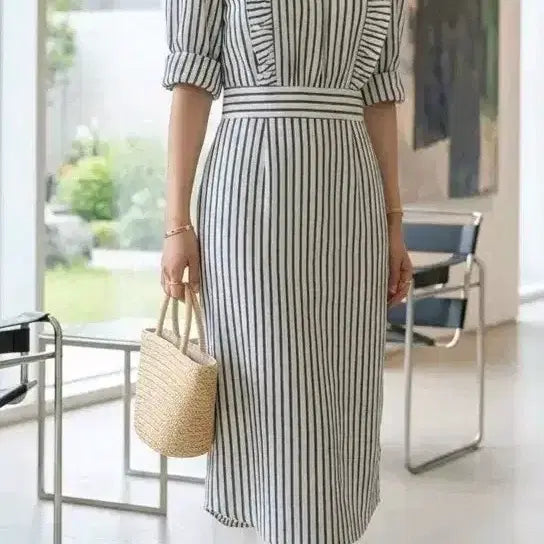 [BUNJANG] Black Merci Striped Shirring H-Line Linen Dress / 블랙메르시 스트라이프 셔링 H라인 린넨 원피스 국내제작