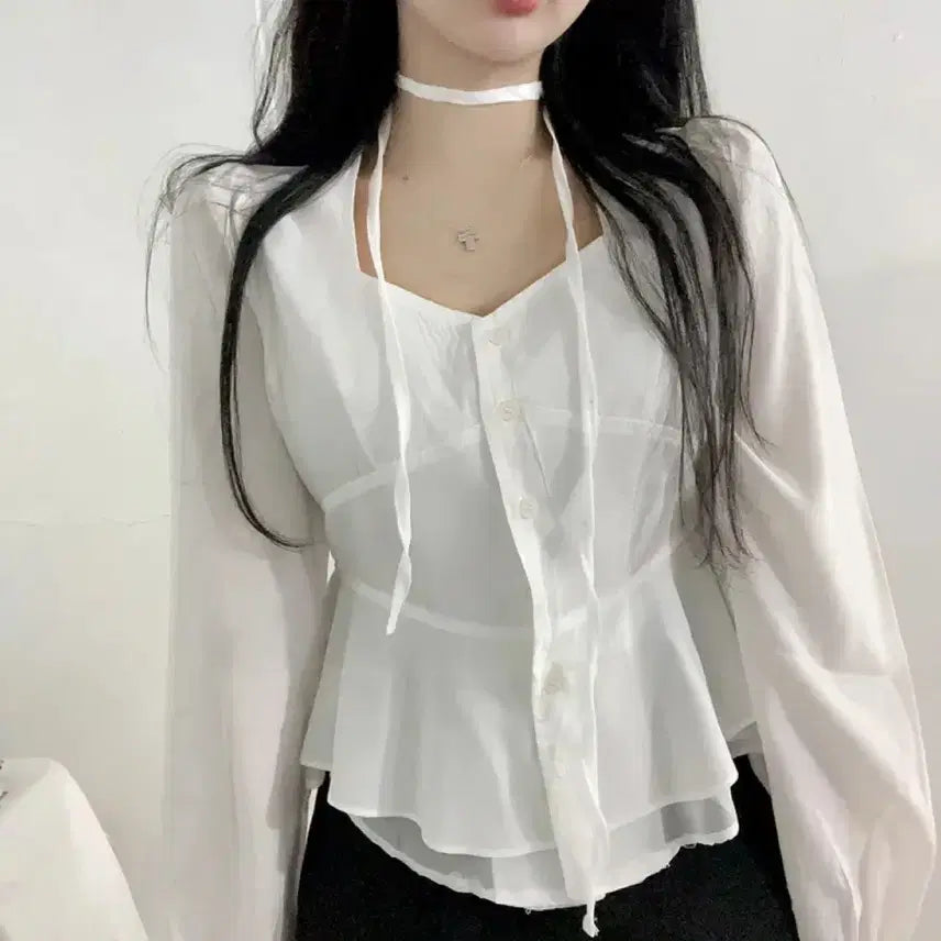 [BUNJANG] Tie Set Ruffle Chiffon Blouse / 타이set 러플 쉬폰블라우스