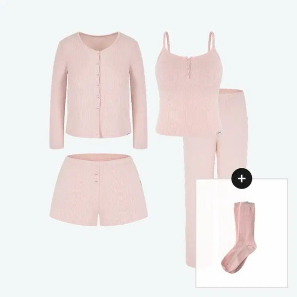 [BUNJANG] Bibiviv Essential 4-Piece Homewear Set (Pink) / 비브비브 에센셜 4종 (브라탑+가디건+숏팬츠+롱팬츠) 홈웨어 세트 핑크