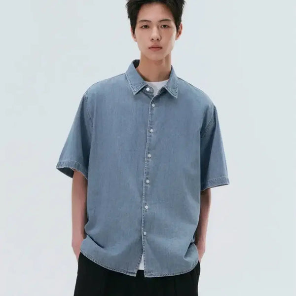 [BUNJANG] Musinsa Standard Relaxed Short Sleeve Denim Shirt Light Indigo / 무탠다드 릴렉스드 반소매 데님 셔츠 [라이트 인디고]