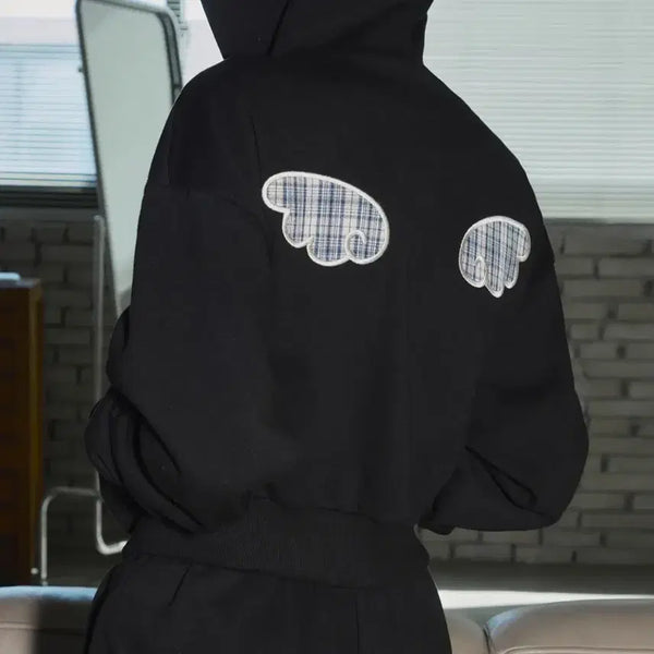 [BUNJANG] Slickglow Angel Appliqué Crop Hoodie Zip-up / 슬릭글로우 엔젤 날개 아플리케 크롭 후드 집업