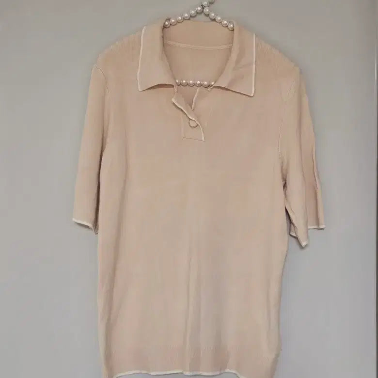 [BUNJANG] Beige Collar Neck Short Sleeve Knit 66 Size / 66새옷)베이지 카라넥 반팔 니트 66사이즈