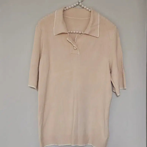 [BUNJANG] Beige Collar Neck Short Sleeve Knit 66 Size / 66새옷)베이지 카라넥 반팔 니트 66사이즈