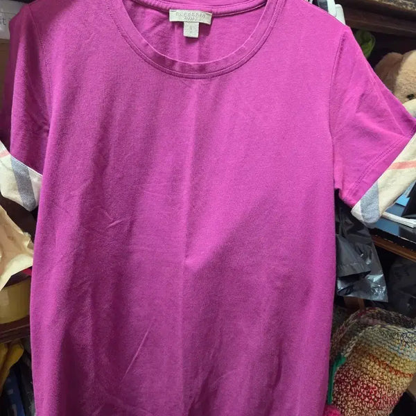 [BUNJANG] Burberry Pink Short Sleeve T-Shirt with Check Sleeves / 버버리 반팔 티셔츠 핑크 체크 소매