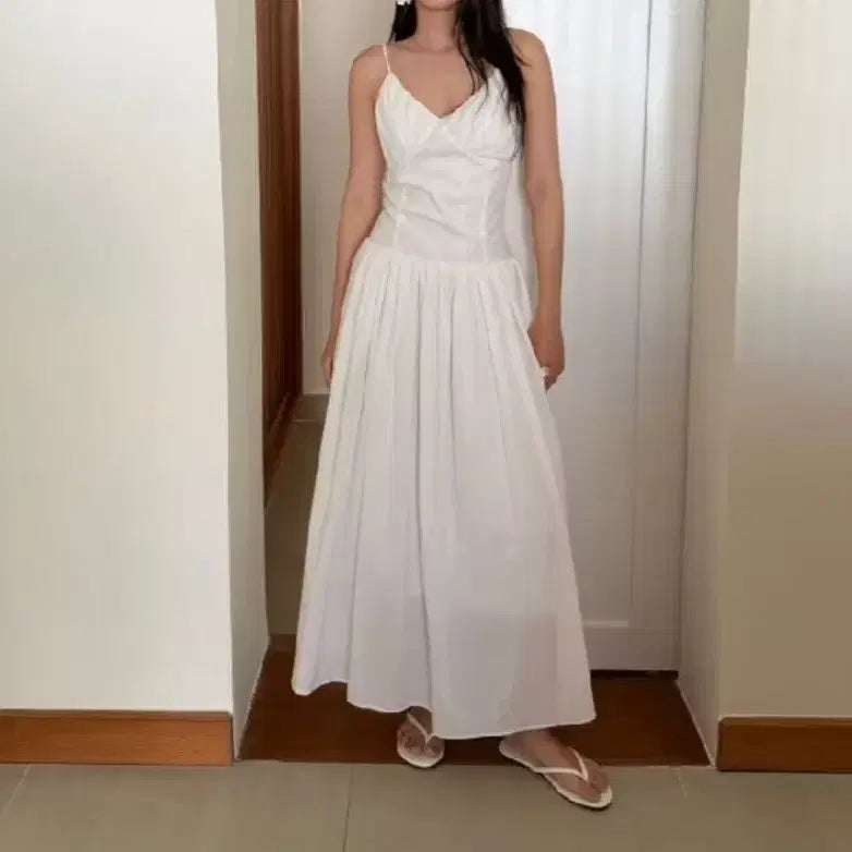 [BUNJANG] Casual Wedding Snap White Shirring Long Dress / 캐쥬얼 웨딩 스냅 화이트 셔링 롱 드레스