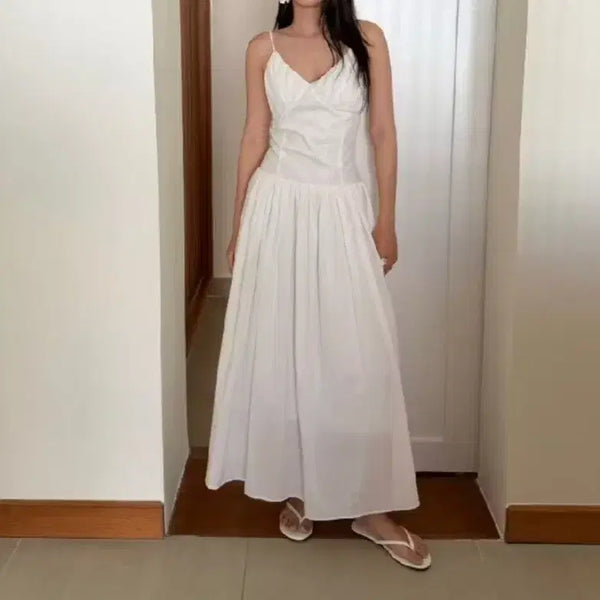 [BUNJANG] Casual Wedding Snap White Shirring Long Dress / 캐쥬얼 웨딩 스냅 화이트 셔링 롱 드레스