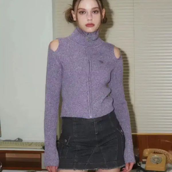[BUNJANG] Fancy Club Cut-Out Two-Way Knit Zip-Up (Purple) / [원가 7.9만] 팬시클럽 컷 아웃 투웨이 니트 집업 (PURPLE)