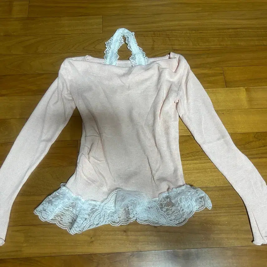 [BUNJANG] Lace Pink Long Sleeve T-Shirt / 레이스 핑크 긴팔 티셔츠