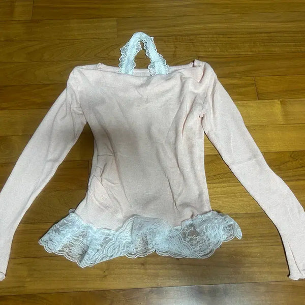 [BUNJANG] Lace Pink Long Sleeve T-Shirt / 레이스 핑크 긴팔 티셔츠