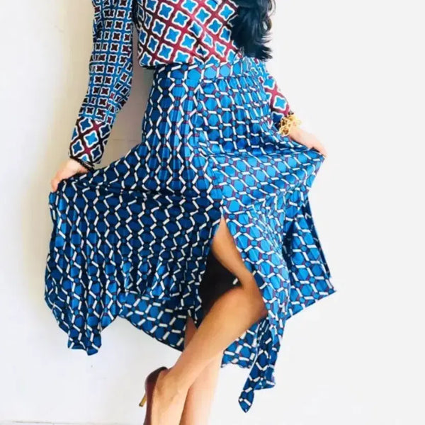[BUNJANG] Zara Pattern Pleated Long Skirt Blue/Brown/White / 자라 블루/브라운/흰색 패턴 플리츠 롱 스커트