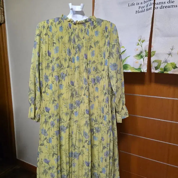 [BUNJANG] Yellow Chiffon Floral Pattern Long Dress with Lining / 쉬폰 주름 원피스(안감있음)