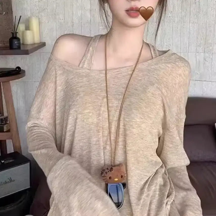 [BUNJANG] Off-Shoulder Long Sleeve + Sleeveless Co-ord Set / 오프숄더 긴팔+나시 코디세트