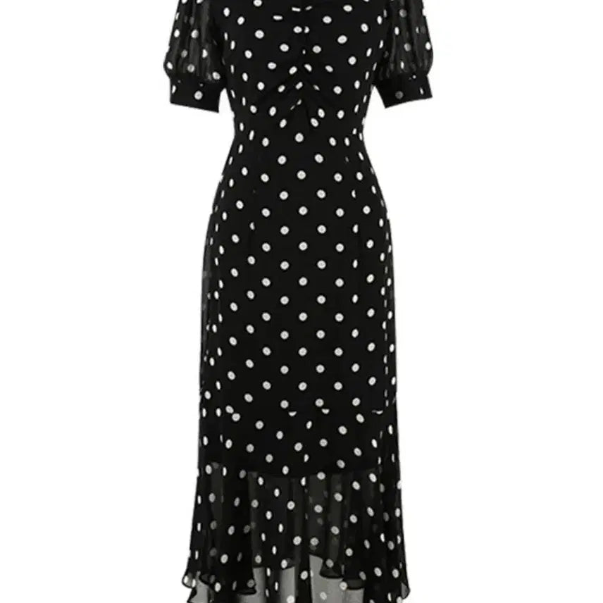 [BUNJANG] Black Dot V-Neck Puff Short Sleeve Long Dress / 블랙 도트 브이넥 퍼프 반팔 롱 원피스