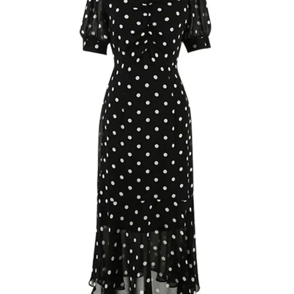 [BUNJANG] Black Dot V-Neck Puff Short Sleeve Long Dress / 블랙 도트 브이넥 퍼프 반팔 롱 원피스